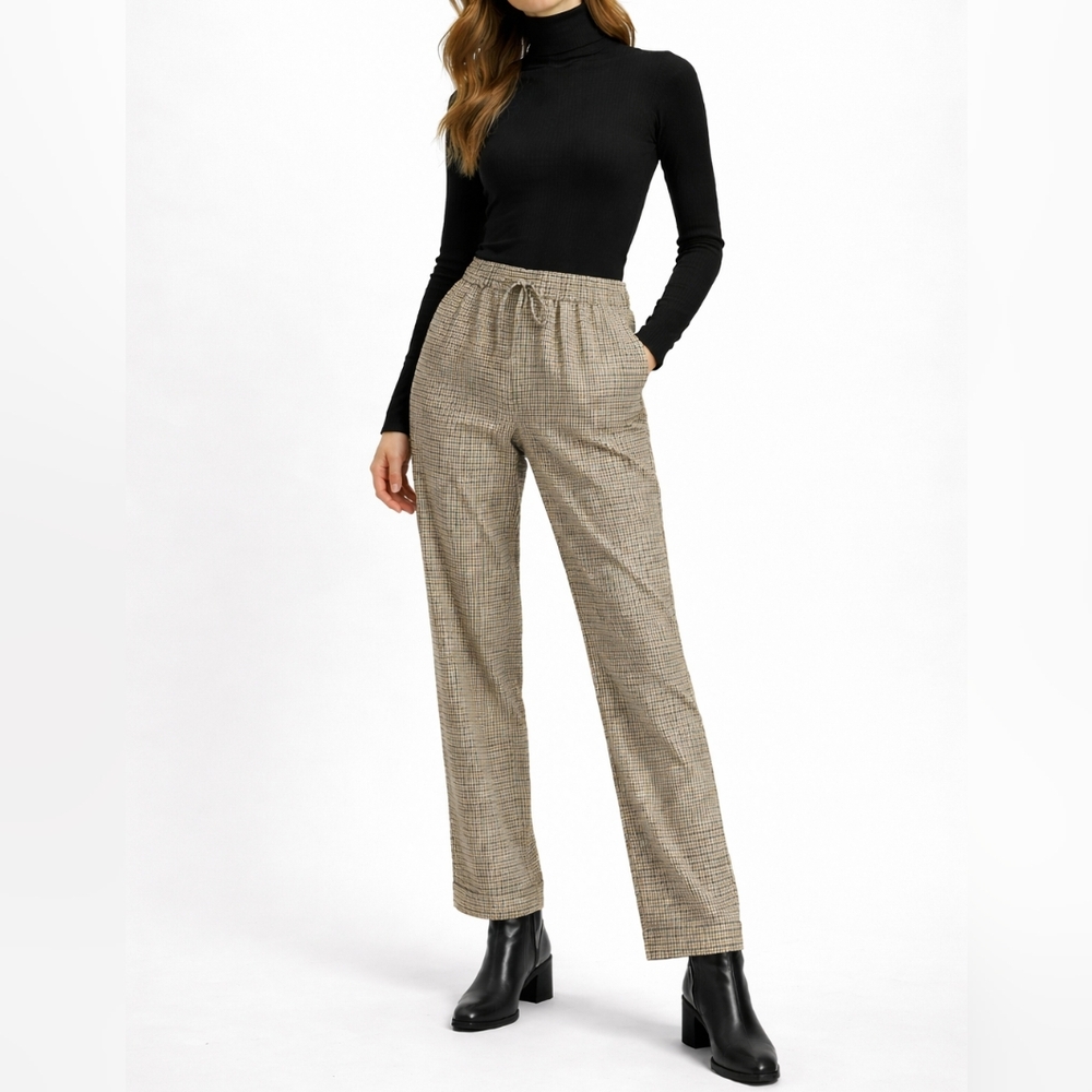 H&M Micro Plaid Pull On Cuffed Trousers | L | Tan Black Check | Preppy Workwear